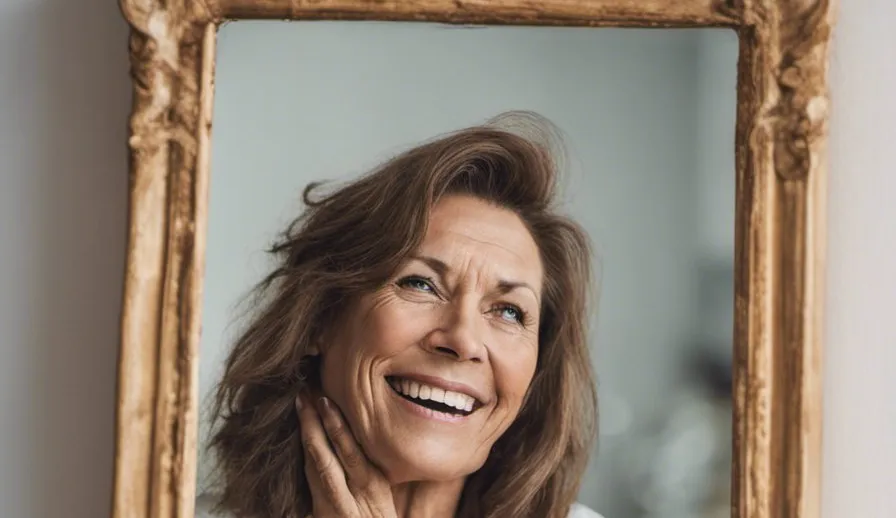 middle aged woman looking at herself appreciatively in the mirror