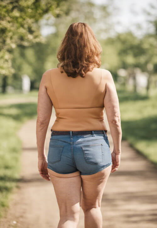 middle-aged woman wearing shorts, cellulite on the back of her leg

