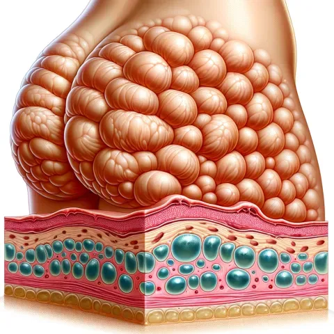 fibrotic cellulite, focusing on the hardened fibrous bands and dimpled texture